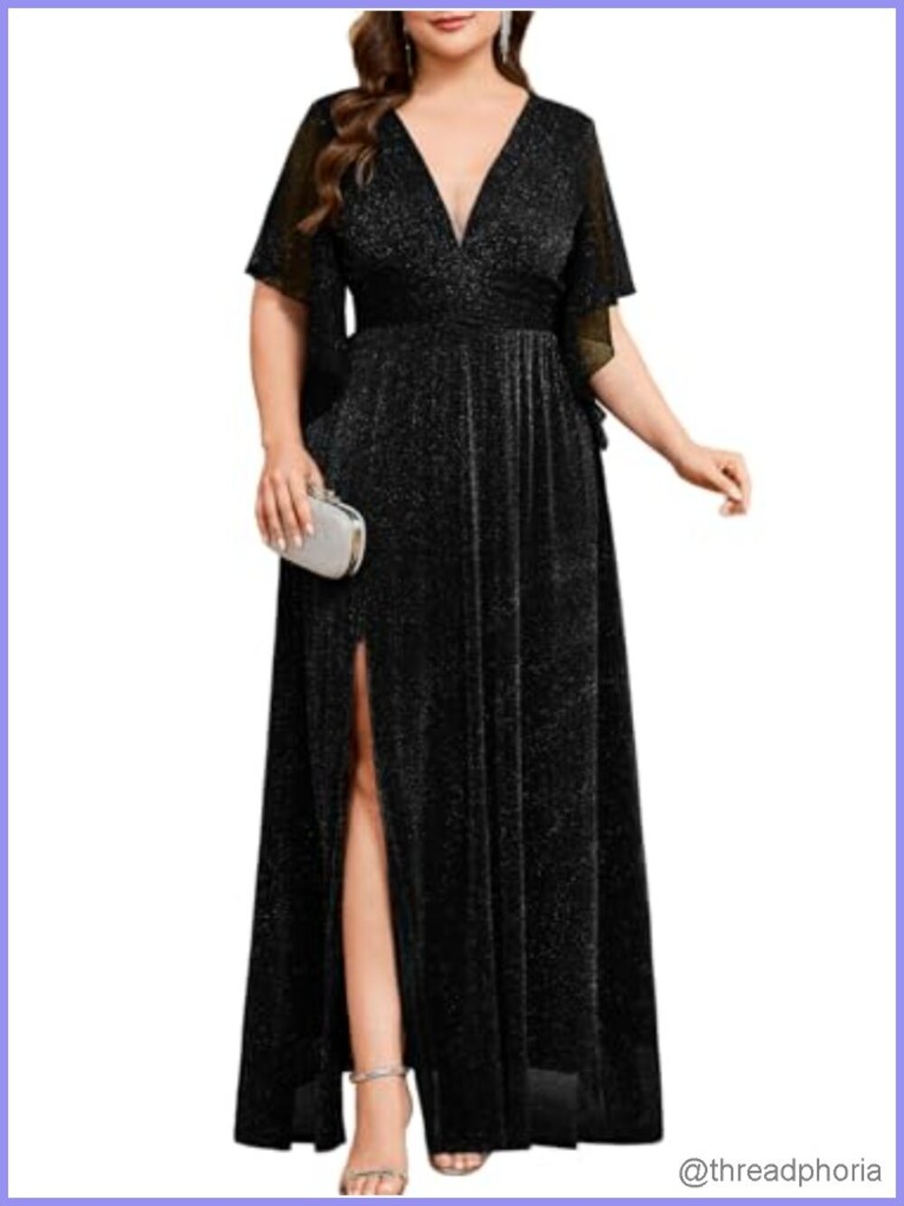 Plus Size Sparkly Mesh Formal Maxi Dress Deep V-Neck A-Line Slit Evening Gown
